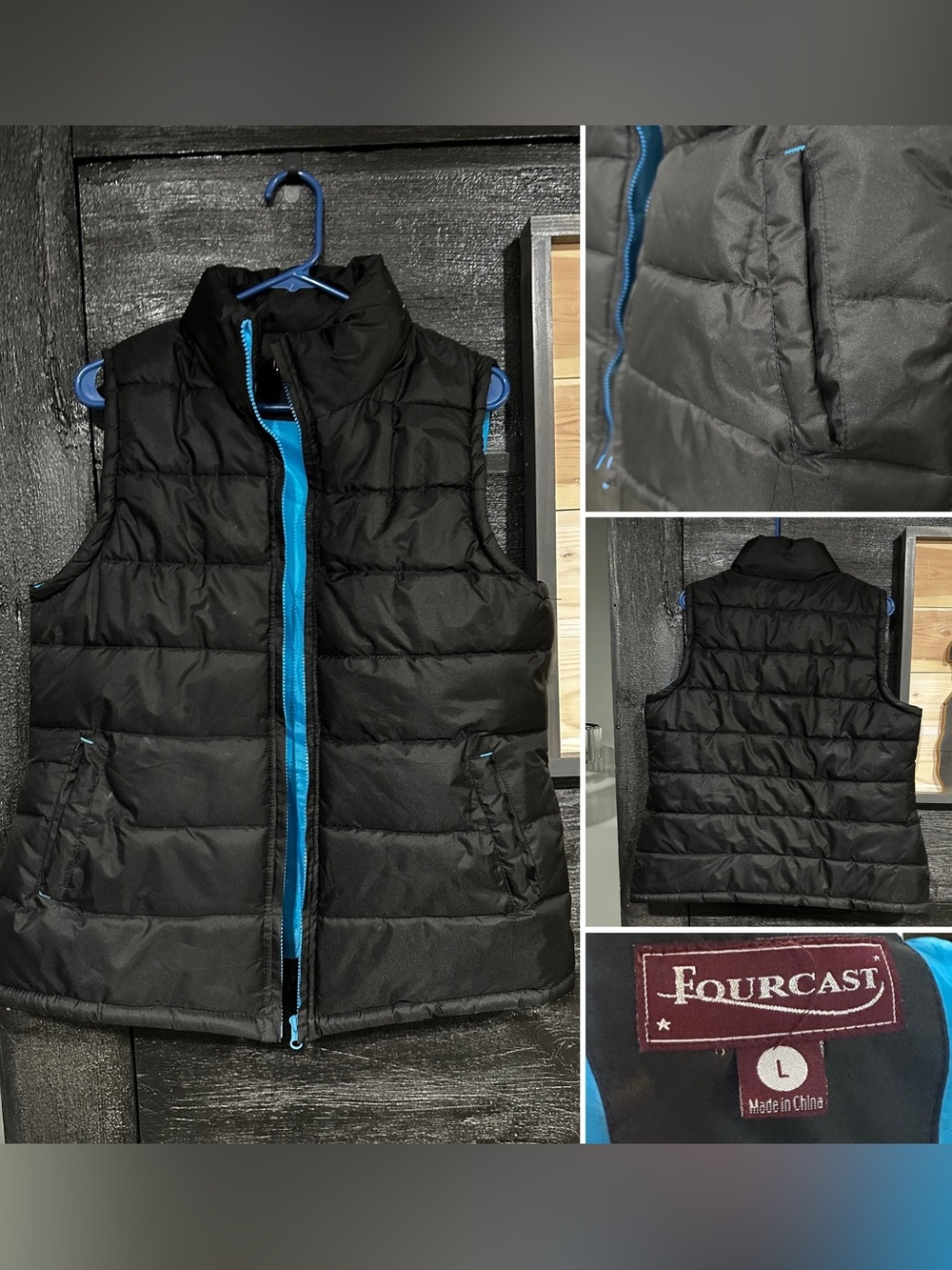 Forcast Black Quilted Puffer Vest with Blue Trim